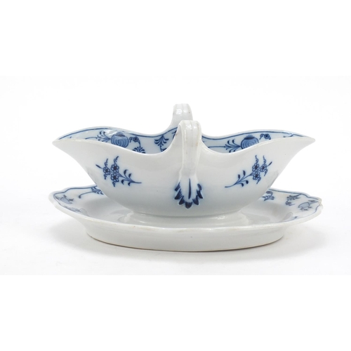 740 - Meissen porcelain twin handled sauceboat hand painted  in the Blue Onion pattern, 23cm wide