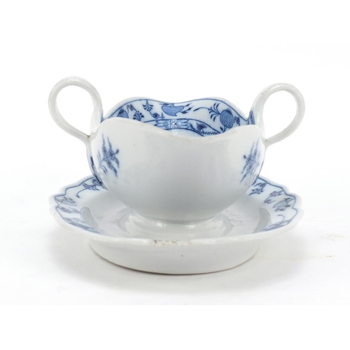 740 - Meissen porcelain twin handled sauceboat hand painted  in the Blue Onion pattern, 23cm wide