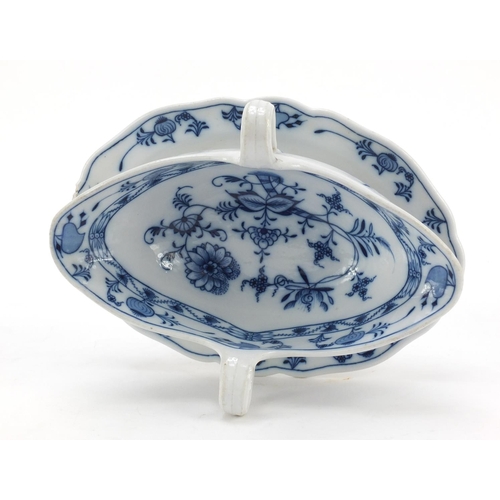 740 - Meissen porcelain twin handled sauceboat hand painted  in the Blue Onion pattern, 23cm wide