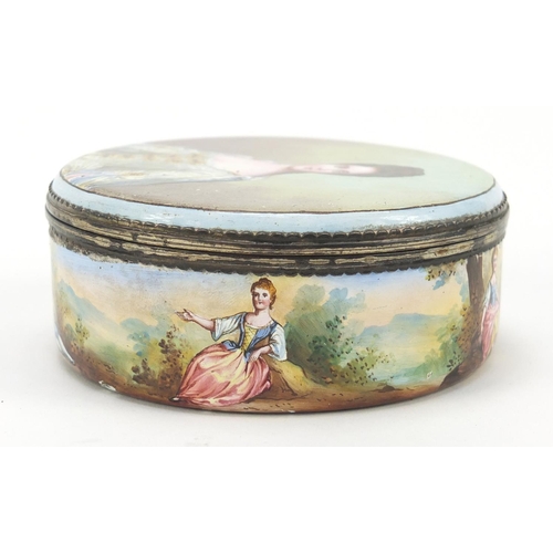 43 - 18th century continental silver mounted enamel box and cover, probably French, the lift of lid paint... 