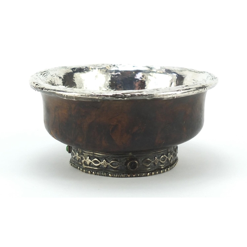 614 - Middle eastern hardwood bowl with unmarked silver mounts, 13cm diameter