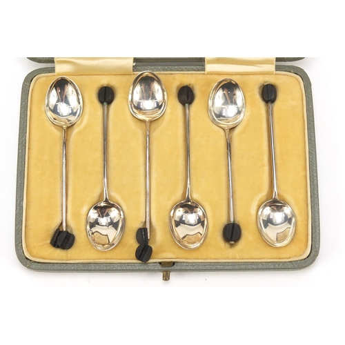 769 - Set of six George V silver coffee bean spoons with fitted box by Levi & Salaman, Birmingham 1920, ea... 