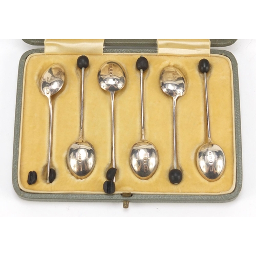 769 - Set of six George V silver coffee bean spoons with fitted box by Levi & Salaman, Birmingham 1920, ea... 