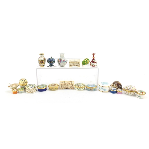 2008 - Collectables arranged in a cabinet including eight Halcyon Days enamel trinket boxes, silver and ena... 