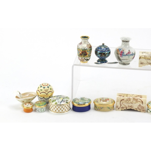 2008 - Collectables arranged in a cabinet including eight Halcyon Days enamel trinket boxes, silver and ena... 