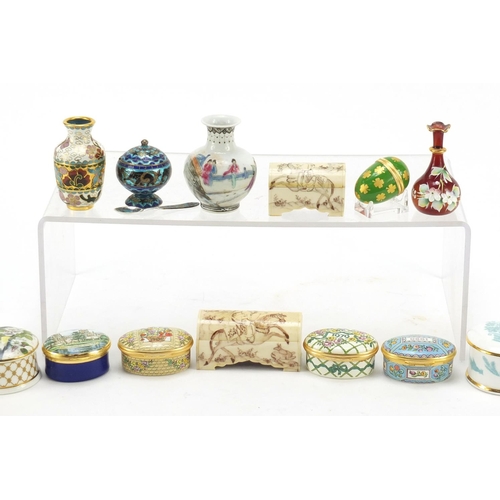 2008 - Collectables arranged in a cabinet including eight Halcyon Days enamel trinket boxes, silver and ena... 