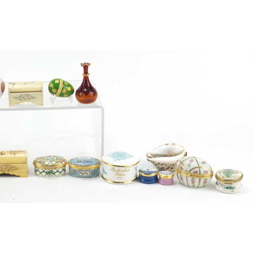 2008 - Collectables arranged in a cabinet including eight Halcyon Days enamel trinket boxes, silver and ena... 