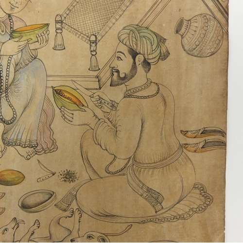 632 - Disciple serving fruit to a saint/sufi, 19th century Indian Udaipur school painting, unframed, 24.5c... 