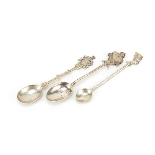 1985 - Two silver plate and enamel spirit measures and three white metal collector's spoons, the largest 5c... 