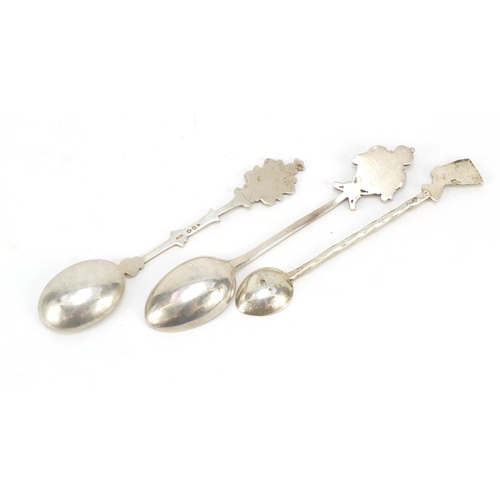 1985 - Two silver plate and enamel spirit measures and three white metal collector's spoons, the largest 5c... 