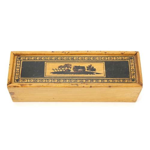 53 - Early Georgian Tunbridgeware whitewood cotton reel box painted with a cottage and trees, 17cm wide