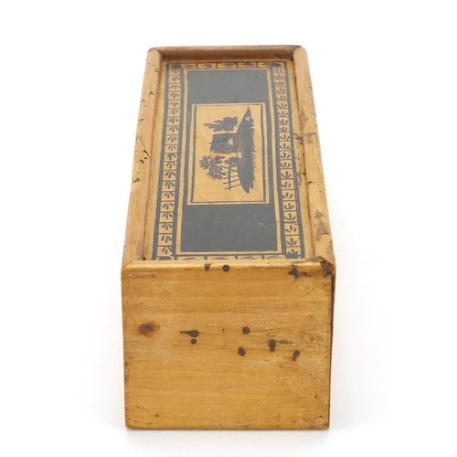 53 - Early Georgian Tunbridgeware whitewood cotton reel box painted with a cottage and trees, 17cm wide