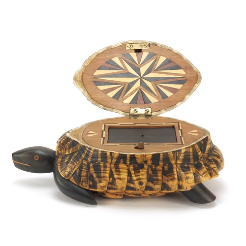 237 - Anglo-Indian star tortoise tea caddy with ebony, fruitwood and exotic inlay, 26cm in length