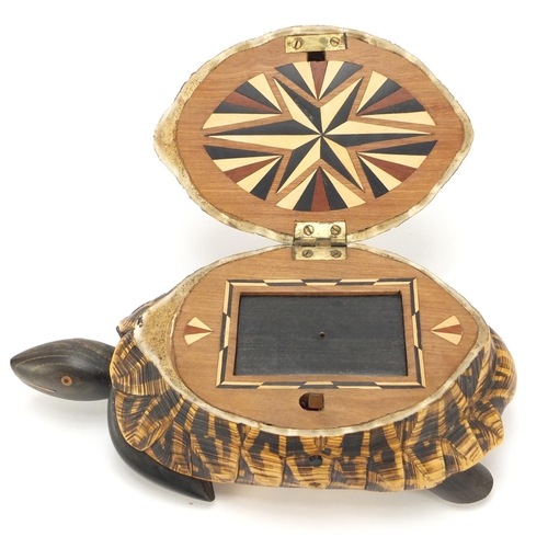 237 - Anglo-Indian star tortoise tea caddy with ebony, fruitwood and exotic inlay, 26cm in length