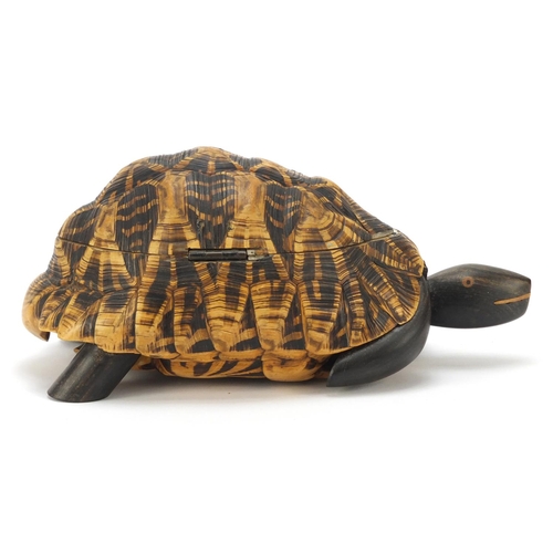 237 - Anglo-Indian star tortoise tea caddy with ebony, fruitwood and exotic inlay, 26cm in length