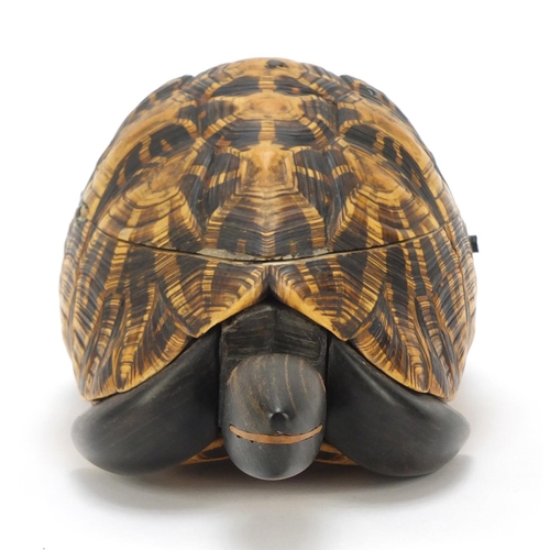 237 - Anglo-Indian star tortoise tea caddy with ebony, fruitwood and exotic inlay, 26cm in length