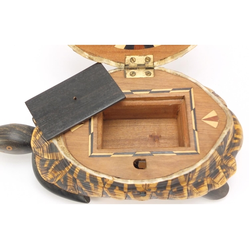 237 - Anglo-Indian star tortoise tea caddy with ebony, fruitwood and exotic inlay, 26cm in length