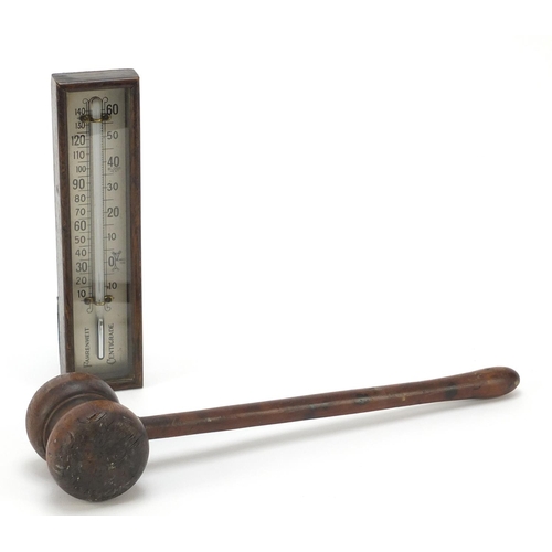 2003 - Cased thermometer and a turned fruit wood gavel, the largest 30cm in length