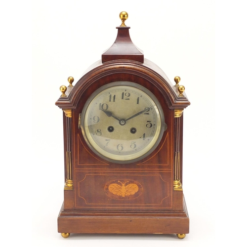 299 - Edwardian inlaid mahogany striking bracket clock with silvered dial and Arabic numerals, 39cm high