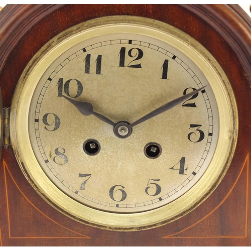 299 - Edwardian inlaid mahogany striking bracket clock with silvered dial and Arabic numerals, 39cm high