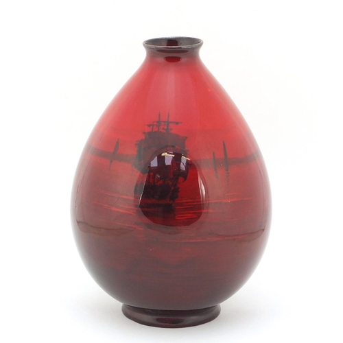 102 - Royal Doulton flambé vase decorated with a galleon at sea, 18cm high