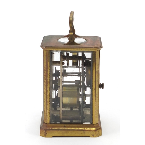 408 - French brass carriage clock with subsidiary and enamelled dial having Roman numerals, 11cm high