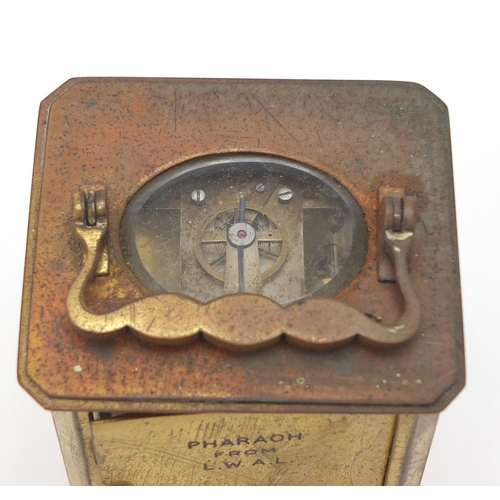 408 - French brass carriage clock with subsidiary and enamelled dial having Roman numerals, 11cm high