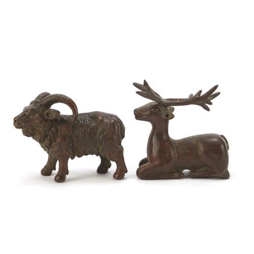 581 - Two Japanese patinated bronze models of animals, one with impressed marks to the base, the largest 9... 