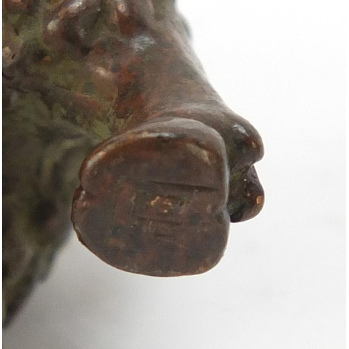 581 - Two Japanese patinated bronze models of animals, one with impressed marks to the base, the largest 9... 