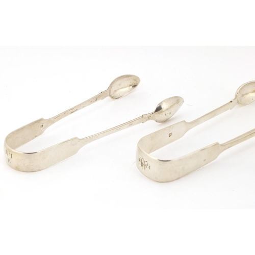 136 - Three pairs of Georgian and later sugar tongs including an Irish pair by James Brady, Dublin 1827, t... 