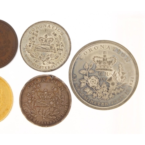 530 - Six George IV coronation medals dated 1821 including two silver, the largest 4.6cm in diameter