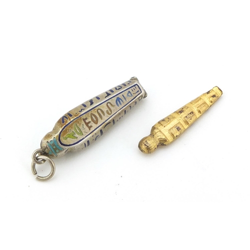 599 - Egyptian Revival unmarked silver and enamel Tutankhamun pendant opening to reveal an enamel mummy, 3... 