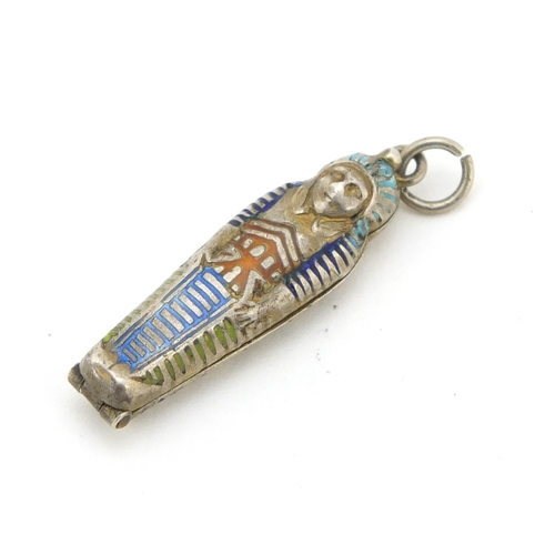 599 - Egyptian Revival unmarked silver and enamel Tutankhamun pendant opening to reveal an enamel mummy, 3... 