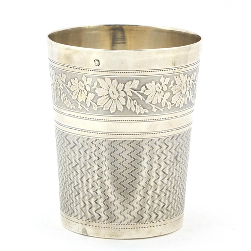 269 - French silver engine turned beaker engraved with flowers, impressed marks to the base, 7.5cm high, 6... 