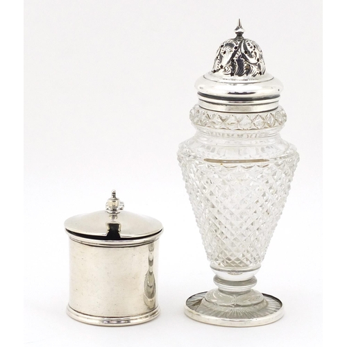 306 - Cut glass sifter with silver lid and a silver mustard with blue glass liner, the largest 16.5cm high