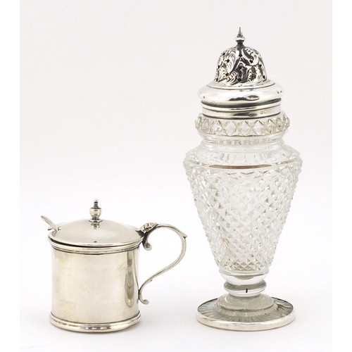 306 - Cut glass sifter with silver lid and a silver mustard with blue glass liner, the largest 16.5cm high