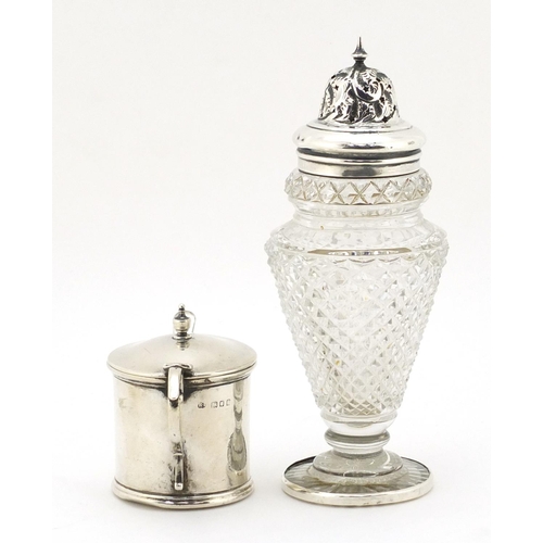 306 - Cut glass sifter with silver lid and a silver mustard with blue glass liner, the largest 16.5cm high