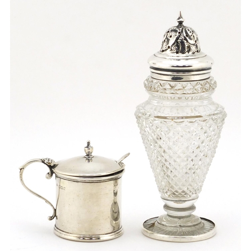 306 - Cut glass sifter with silver lid and a silver mustard with blue glass liner, the largest 16.5cm high