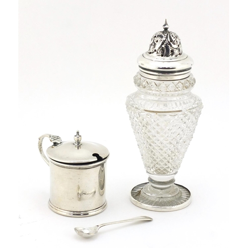 306 - Cut glass sifter with silver lid and a silver mustard with blue glass liner, the largest 16.5cm high