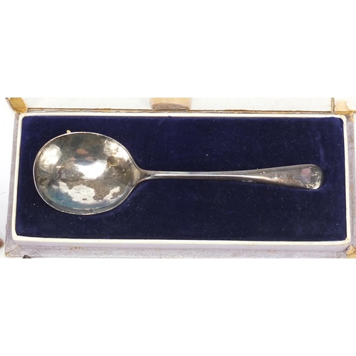 758 - Silver items comprsing a set of six silver coffee bean spoons, jelly server and a pickle fork, the c... 