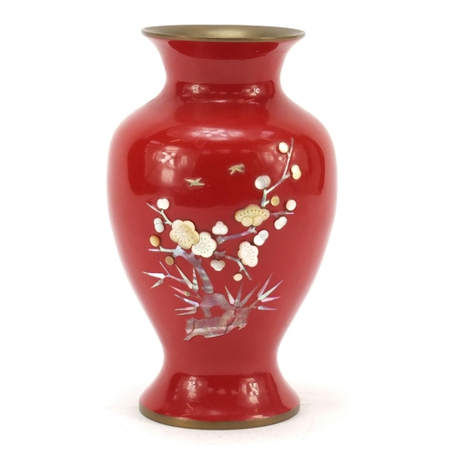 1983 - Japanese red enamel baluster vase with applied mother of pearl decoration, 18cm high