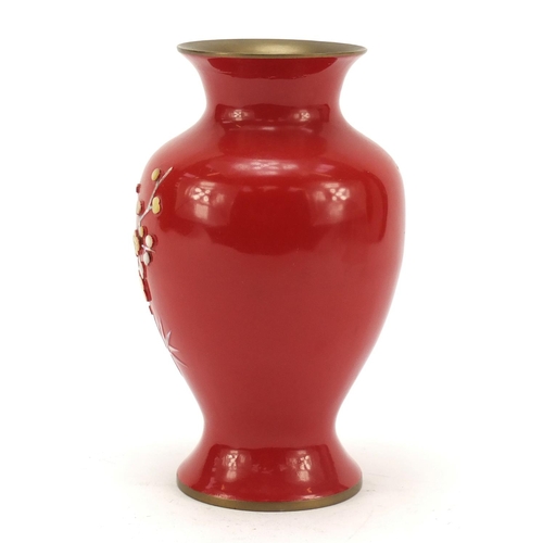 1983 - Japanese red enamel baluster vase with applied mother of pearl decoration, 18cm high