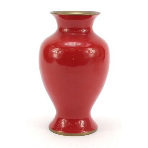 1983 - Japanese red enamel baluster vase with applied mother of pearl decoration, 18cm high