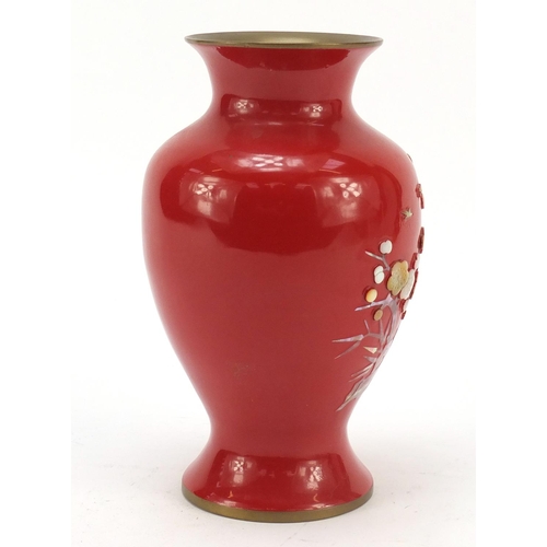 1983 - Japanese red enamel baluster vase with applied mother of pearl decoration, 18cm high