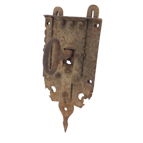 152 - Antique steel lock with key, 28cm in length