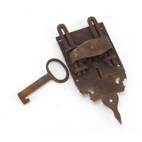 152 - Antique steel lock with key, 28cm in length