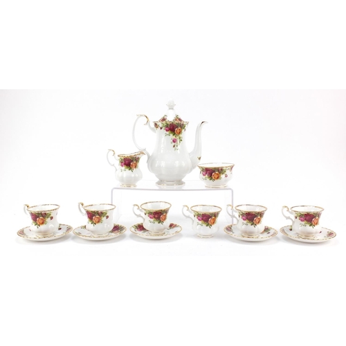 482 - Royal Albert Old Country Roses six place coffee service, the coffee pot 23cm high