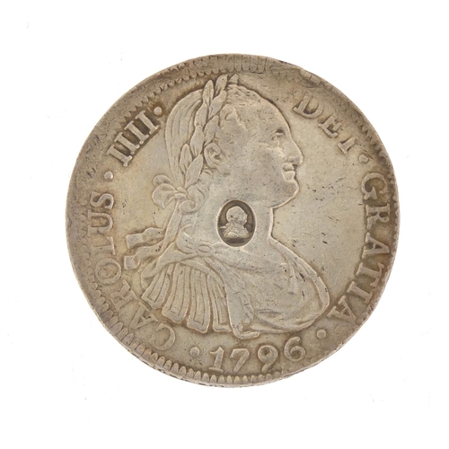 531 - Charles VI 1796 silver eight reales, 3.8cm in diameter, 27g