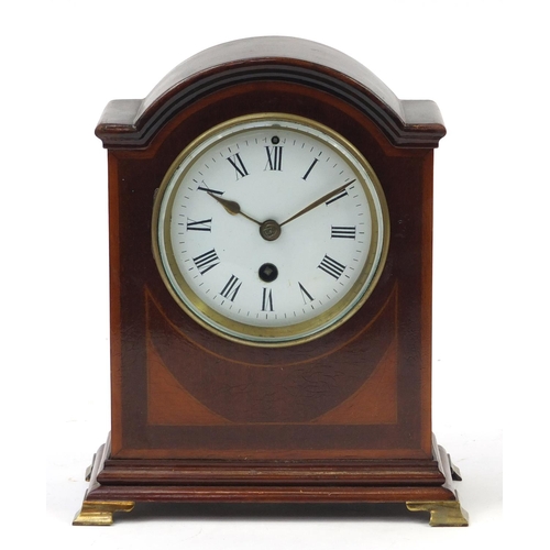 406 - Inlaid mahogany mantle clock with enamel dial and Roman numerals, 23cm high