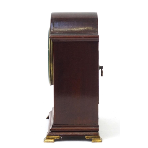 406 - Inlaid mahogany mantle clock with enamel dial and Roman numerals, 23cm high